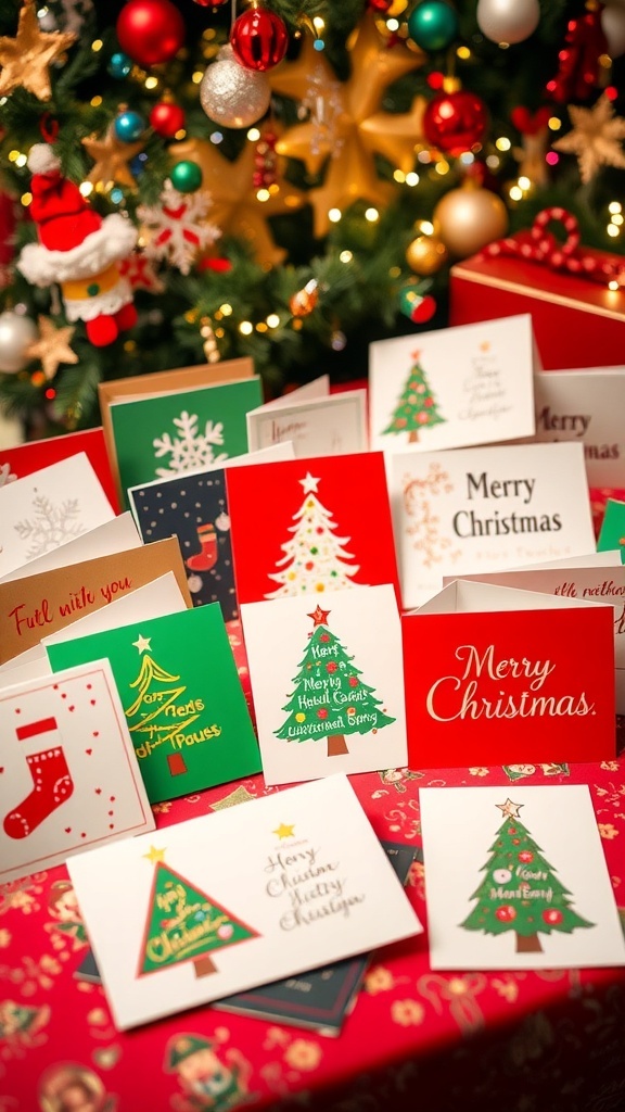 A collection of personalized Christmas cards with various festive designs on a decorated table.